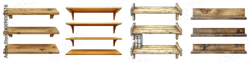 Collection Wooden shelves various styles and finishes, showcasing different designs and textures, perfect for home decor and organization