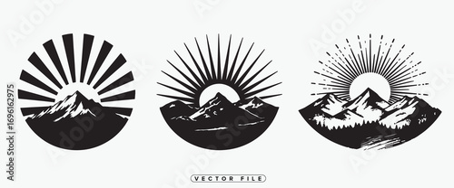 three mountain silhouettes with radiant sunbeams bursting from peaks