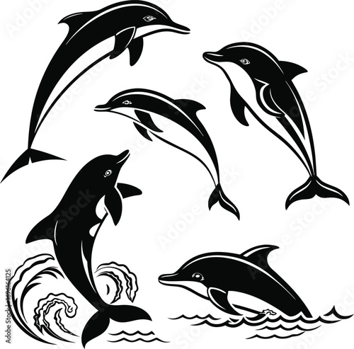 Dolphin Silhouettes in Black Vector, Jumping and Swimming Dolphin Outline vector Design, Bold Dolphin Silhouette Vector Illustration, Creative Dolphin Poses Vector Artwork