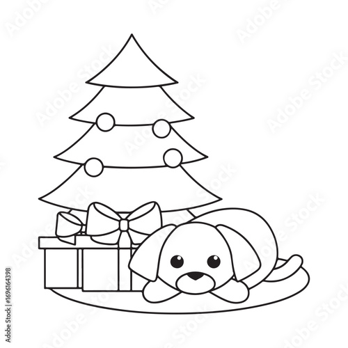 Cute cartoon puppy lying next to a Christmas tree and a gift box outline present