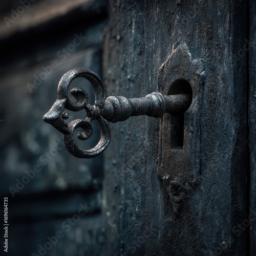 Ornate Antique Key in Dark Wooden Door, Close-up Detail
