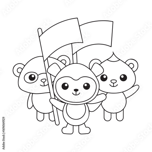 Outline drawing of three cute monkeys holding blank flags animals cartoon