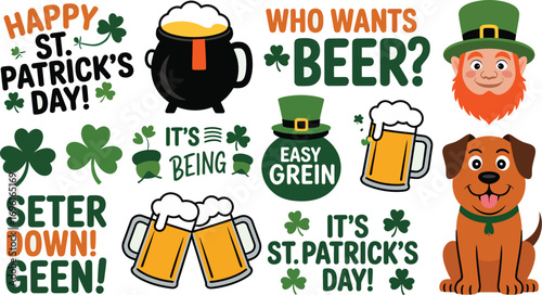 St patrick's day themed graphic with beer, clovers, leprechaun, and dog on a light green background