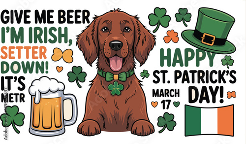 Cartoon of irish setter dog with beer, shamrocks, and st patrick's day elements on a beige background
