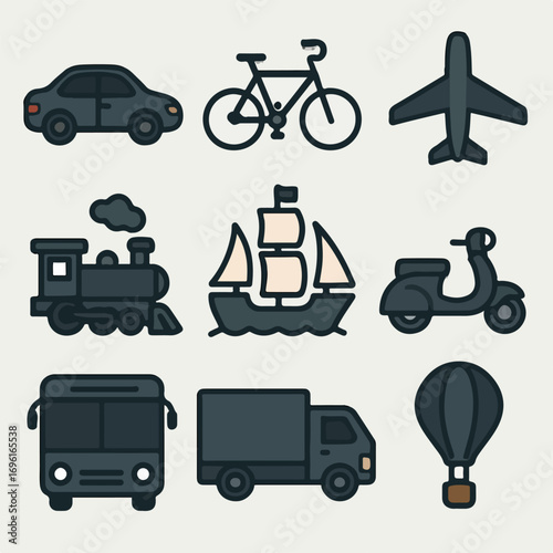 Set of Various Transportation Modes Symbols and Icons