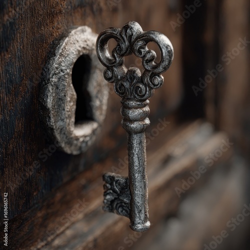 Ornate Antique Metal Key Inserted into a Rustic Wooden Door Lock