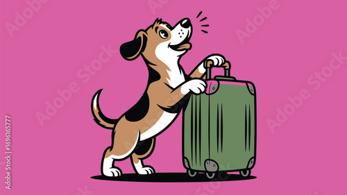 Cartoon dog with suitcase standing on hind legs ready for travel against a yellow background