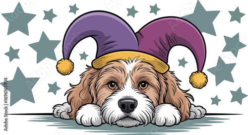 A cartoon dog with a jester hat lying down in front of a background of gray stars illustration