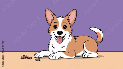 Cartoon corgi dog lying down with tongue out next to pile of bone shaped treats on tan surface