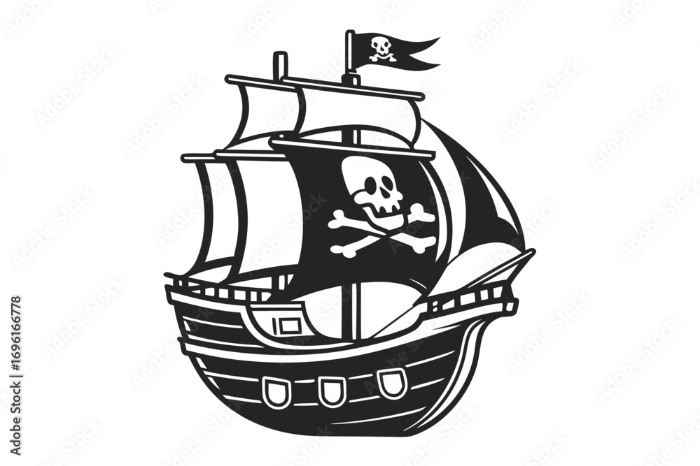 Ταπετσαρία Black and White Cartoon Pirate Ship with Skull and Crossbones Icon