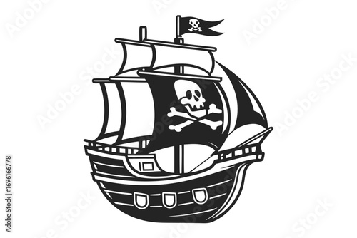 Black and White Cartoon Pirate Ship with Skull and Crossbones Icon