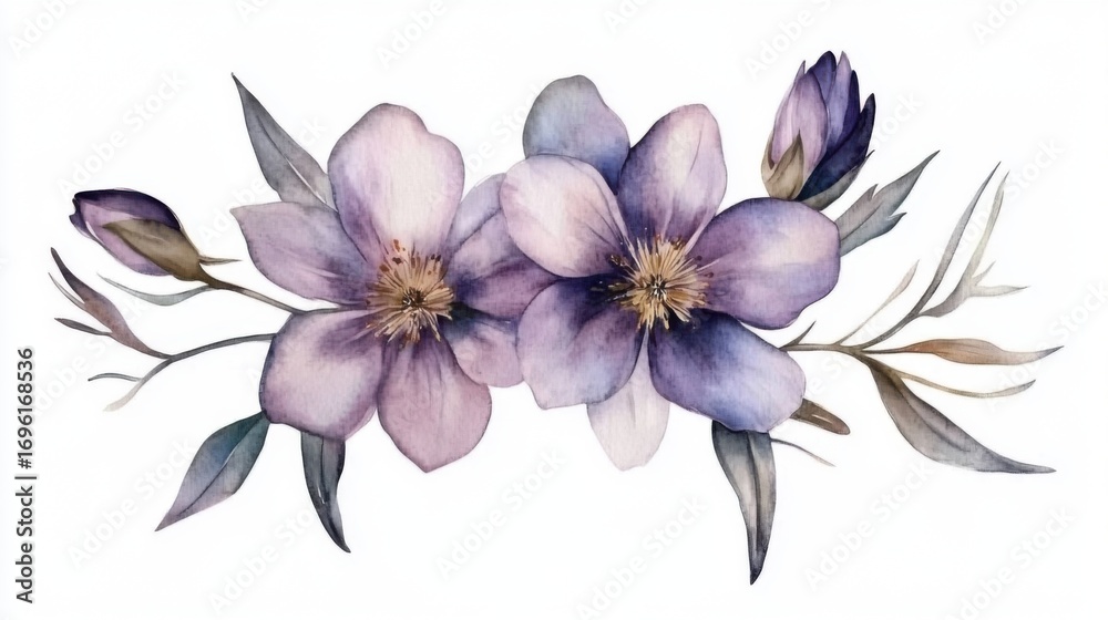 Obraz premium Watercolor rendering showcasing delicate purple floral composition on plain background