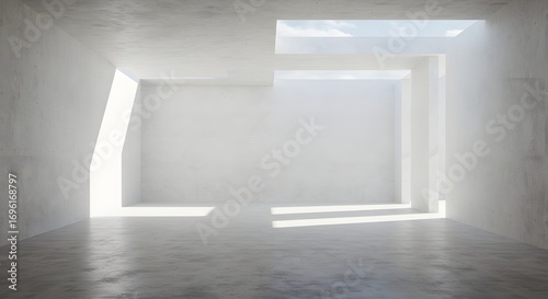 A white angular empty room lit by sunlight through openings in the walls and ceiling revealing a gray floor