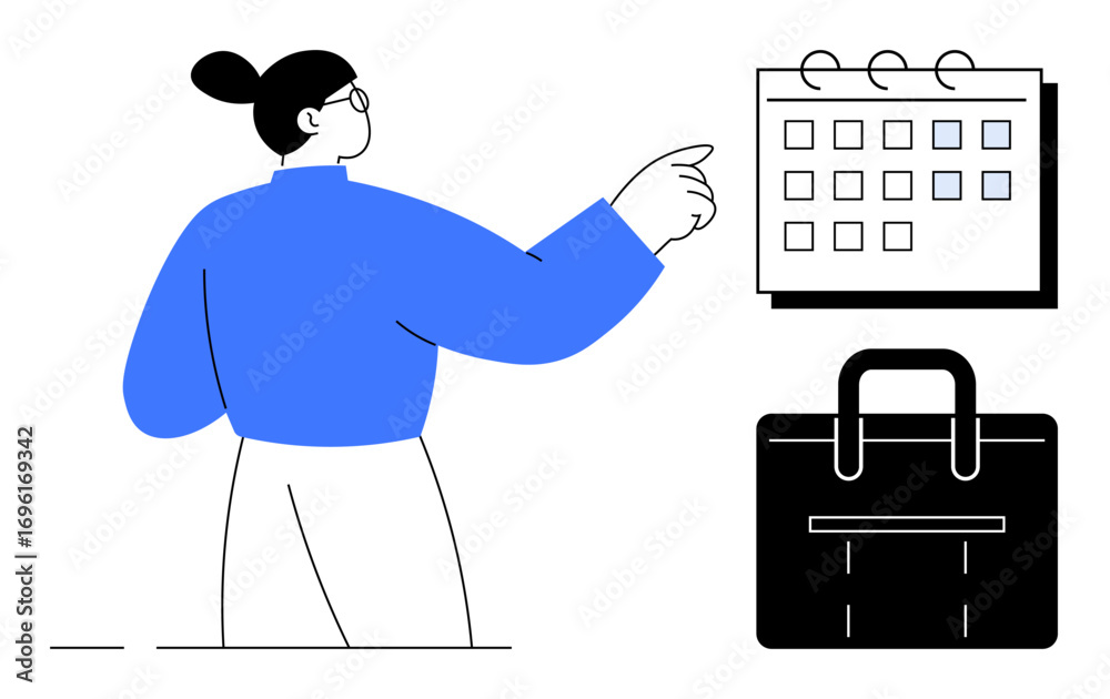 custom made wallpaper toronto digitalWoman pointing at a calendar while planning, with a bag nearby symbolizing work or travel. Ideal for time management, productivity, organization, scheduling, planning, appointments, business mindset