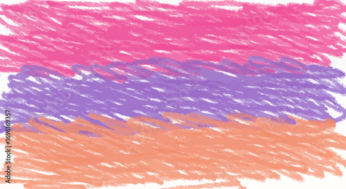 Pink purple and orange scribbles fill a white background forming horizontal color bands