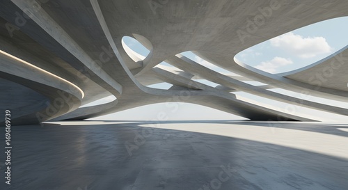 Futuristic concrete architecture with curved shapes openings to the sky and a smooth concrete floor