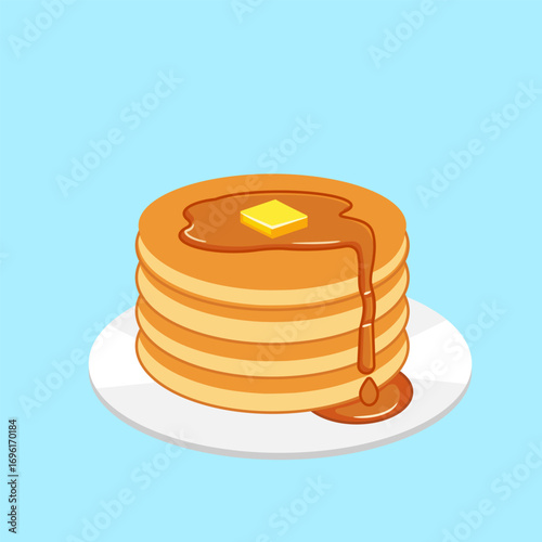 Stack of Pancakes with Butter and Syrup On Plate Vector Illustration Cartoon Design