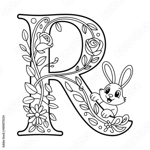 Charming alphabet illustration of letter R with flowers and a cute bunny for coloring