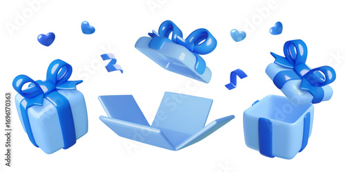 3d gift boxes collection opened and closed, empty inside. Blue birthday presents vector illustration isolated on white background.