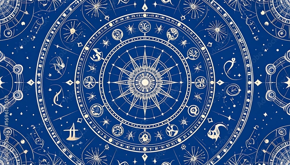 Fototapeta premium Intricate celestial map featuring a detailed astrological wheel with Zodiac symbols and star clusters on a deep blue background,