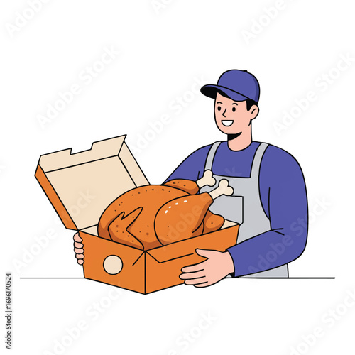 A vibrant 2D flat vector illustration depicts a cheerful delivery person holding an open takeaway box containing a perfectly roasted chicken, set against a clean white background.