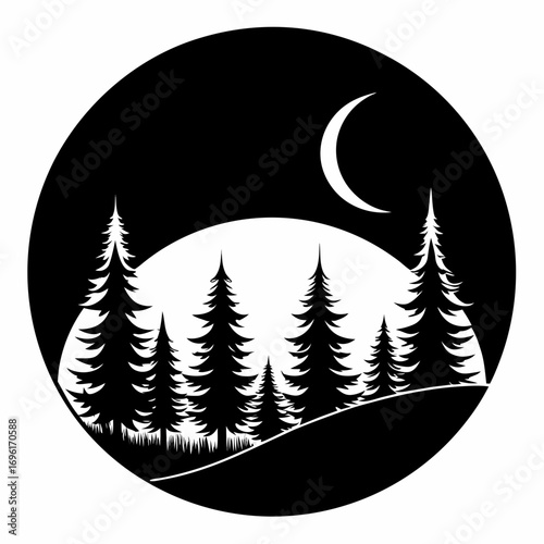 tree, forest, illustration, nature, vector, silhouette, night, landscape, moon, star, outdoors, background, environment, summer, art, dusk, sun, blue, sky, sunset, woodland, no people, plant, astronom