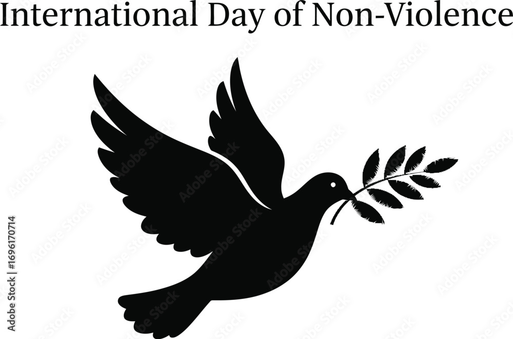 Obraz premium International day of nonviolence with a black dove carrying an olive branch for peace symbol