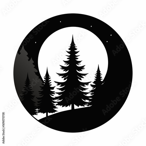 tree, forest, illustration, nature, vector, silhouette, night, landscape, moon, star, outdoors, background, environment, summer, art, dusk, sun, blue, sky, sunset, woodland, no people, plant, astronom