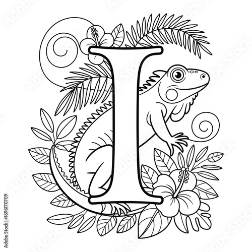 Iguana Initial Coloring Page Letter I with Tropical Flora and Fauna