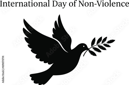 International day of nonviolence with a black dove carrying an olive branch for peace symbol