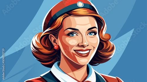 Close-up portrait of female flight attendant smiling gracefully. Isolated background conveys professionalism, elegance, and care.