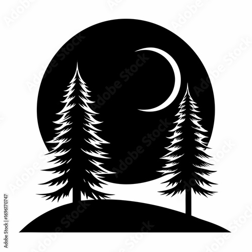 tree, forest, illustration, nature, vector, silhouette, night, landscape, moon, star, outdoors, background, environment, summer, art, dusk, sun, blue, sky, sunset, woodland, no people, plant, astronom