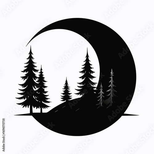 tree, forest, illustration, nature, vector, silhouette, night, landscape, moon, star, outdoors, background, environment, summer, art, dusk, sun, blue, sky, sunset, woodland, no people, plant, astronom
