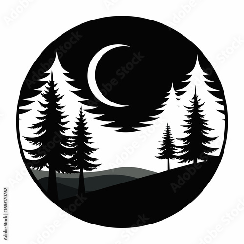 tree, forest, illustration, nature, vector, silhouette, night, landscape, moon, star, outdoors, background, environment, summer, art, dusk, sun, blue, sky, sunset, woodland, no people, plant, astronom