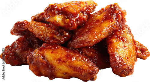 Close-up of a pile of crispy, saucy chicken wings