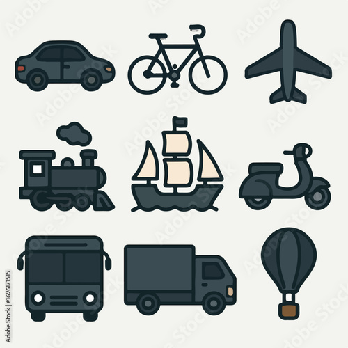 Set of Various Transportation Modes Symbols and Icons