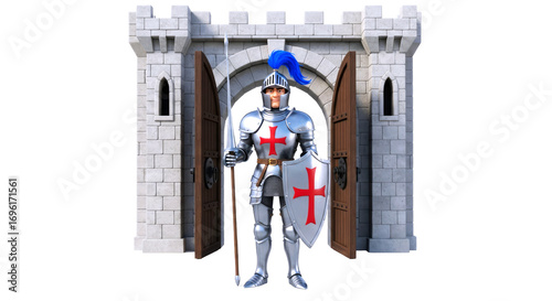 guardian knight 3d model of a medieval crusader at castle gate, isolated on transparent background