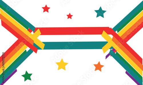 Vector art of abstract rainbow bridge with crossing colorful stripes and scattered stars