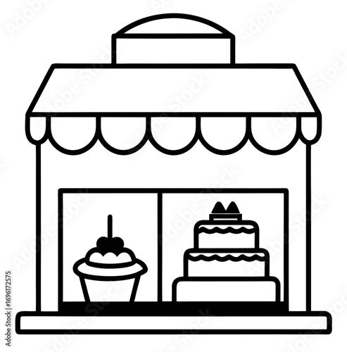 Black and white line art illustration of a charming bakery shop with cakes