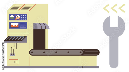 Automated conveyor belt system with control panel displays, input interface, and a large repair wrench. Ideal for technology, manufacturing, process management, engineering, factory maintenance
