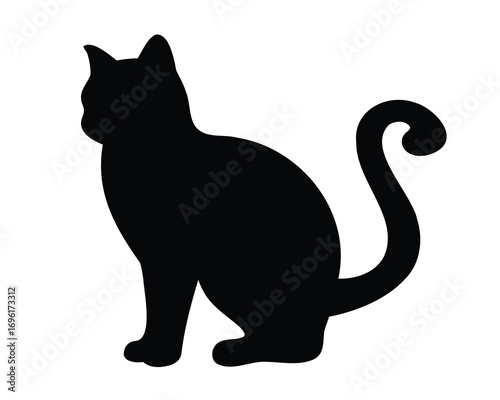 Silhouette of a regal black cat with curled tail on white background