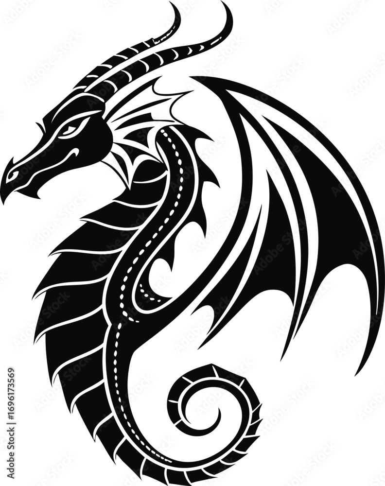 Fototapeta premium Stylized Dragon Tattoo Vector, Solid Black Coiled Dragon Design, Curved Tail Dragon Silhouette Illustration, Bold Mythical Dragon Vector Artwork