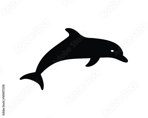 Single black silhouette of a dolphin leaping or jumping out of water
