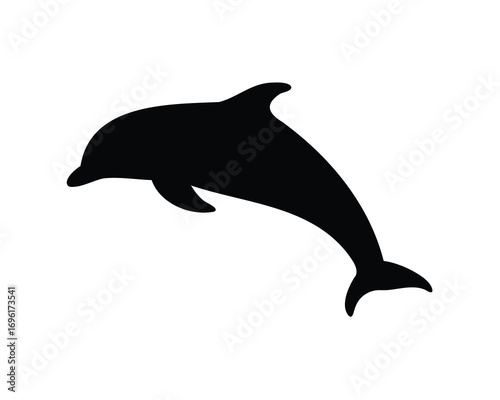 A black silhouette of a dolphin leaping out of the water gracefully