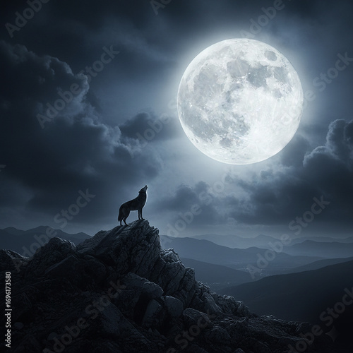 African Wolf howling at a full moon on a rocky cliff