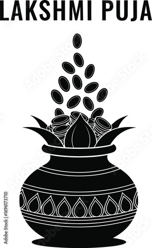 Lakshmi puja illustration, a pot filled with coins