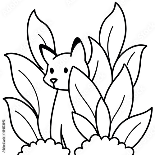 Black and white line art of a fox hiding behind bushes