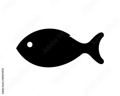 Simple black fish icon with a white eye on a white background