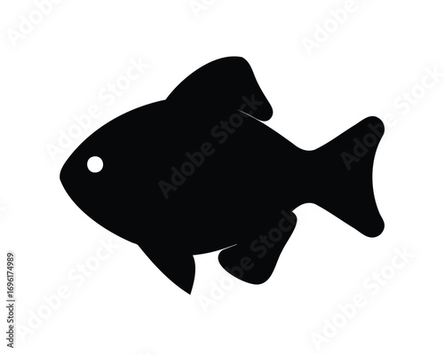 Black fish silhouette with single eye and fins on white background