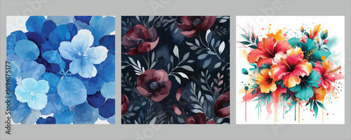 Three panels of vibrant floral art with blue purple and colorful flower arrangements